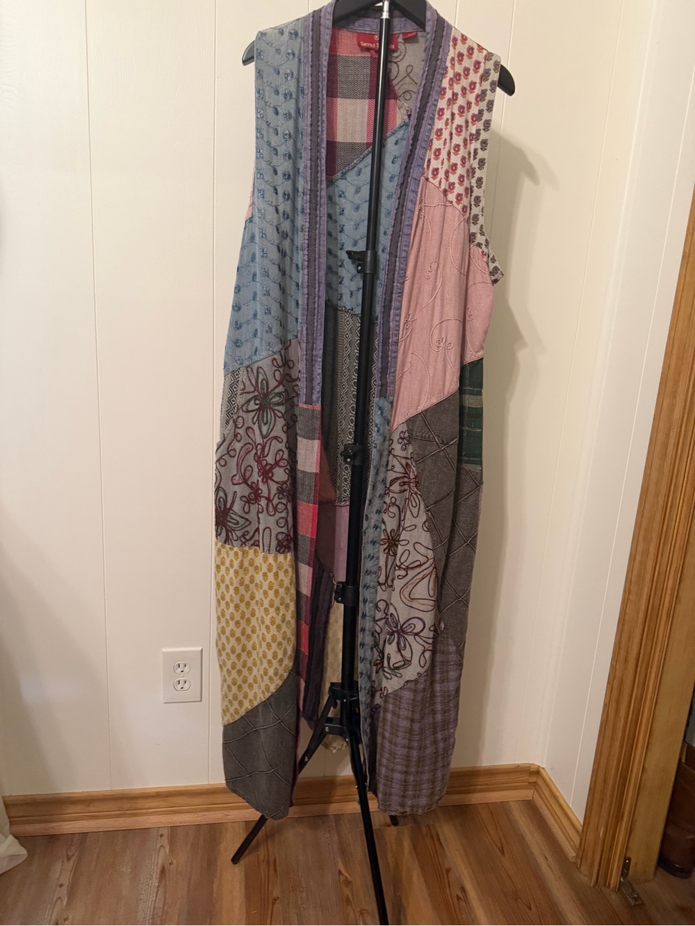 Sacred Threads Patchwork Sleeveless Long Duster in Pink, Blue & Yellow